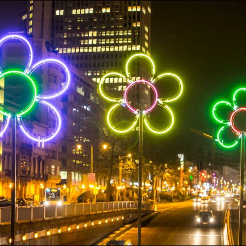 Bright posts with illuminated flowers